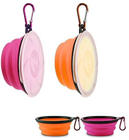 Aoliandatong 2PZ Ciotole Pieghevoli per Cani e Gatti, Ciotola Silicone per Gatti, Ciotola Cane Portatile con Coperchi e Moschettone da Viaggio e Alpinismo(450ML Rosa E Arancia)