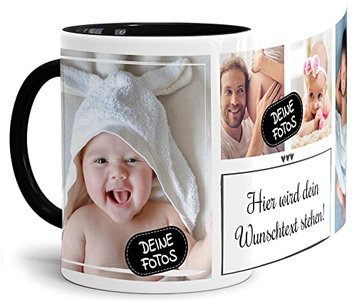 Foto-Tasse selbst gestalten mit Text & Collage für 4 Fotos - Geschenk für Familie, Freunde, Geburtstag, Weihnachten - Keramik Innen & Henkel Schwarz, 300 ml I Personalisiert