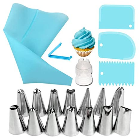 Douille Patisserie, Poche a Douille Reutilisable et Kit de Douille Patisserie, Poche à Douille Patisserie en Silicone et Set de 20 pour Décoration de Gâteau, Bleu