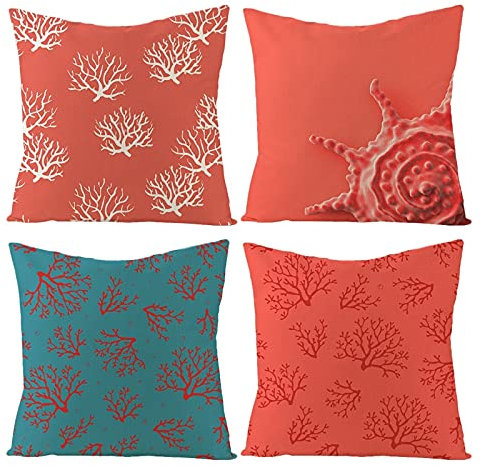 Lieson Sofakissenbezug Modern, Dekokissen Kinderzimmer Set 4er Kissenbezug Deko 40x40 Dekokissen Rot Blau Koralle Muschel, Linen