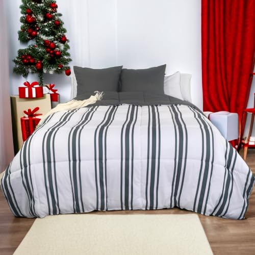 QZY 220x240cm Bettdecke - Quilted Steppbettdecke antiallergisch für Allergiker 100% Microfaser Winter Bettdecke + 2 Kopfkissenbezug 80x80 cm Double Face Muster Grau Streifen