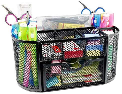 Fousenuk Schreibtisch Organizer Schwarz, Organizer Büro Mesh Metall mit 9 Fächern, Desk Organizer Platzsparendes mit Stiftehalter und Zettelhalter für Stifte, Hefter, Ordnerklammern, Haftnotizen