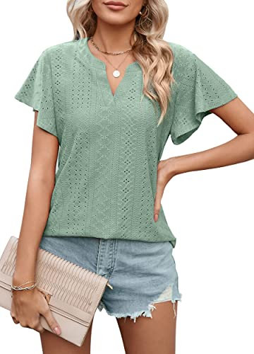Heersan Señoras Elegante Blusa Manga Corta Camiseta Cuello en V Mujer Túnica con Volantes Unicolor Blusas de Verano Ropa Casual de Manga Corta Mujer