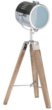 RA-HOMESTORE® New Wooden Spot Tripod Table Lamp Boasting a Rustic Wooden Tripod Stand and a Round Metallic Head
