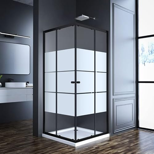 Goezes Duschkabine Eckeinstieg 75x90cm Schiebetür Schwarz, Gestreift Glas Duschabtrennung Schiebetüren 75x90x185cm Dusche Duschwand aus 6mm ESG Sicherheitsglas, LINKS & RECHTS MONTIERBAR