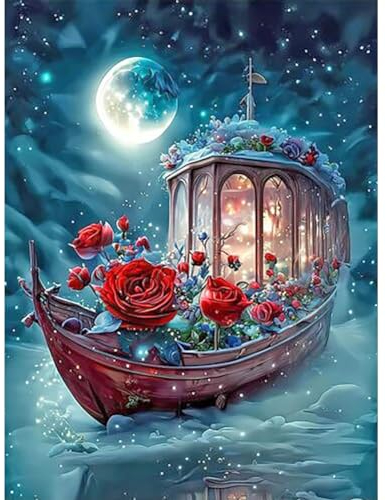 GOGHSCEK Diamond Painting Bilder Landschaft, 5D Diamond Painting Diamant Painting Bilder Erwachsene Landschaft, DIY 5D Diamant Malerei Bilder Erwachsene Set 30x40cm Rosenboot für Dekoration