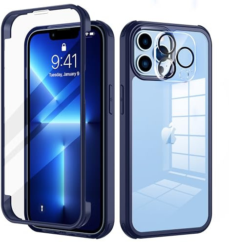seacosmo for iPhone 13 Pro Max Case 6.7 Inch, Full-Body Shockproof Case with Built-in Glass Screen Protector and Camera Lens Protector Rubber Bumper Case Cover for iPhone 13 Pro Max - Blue/Clear
