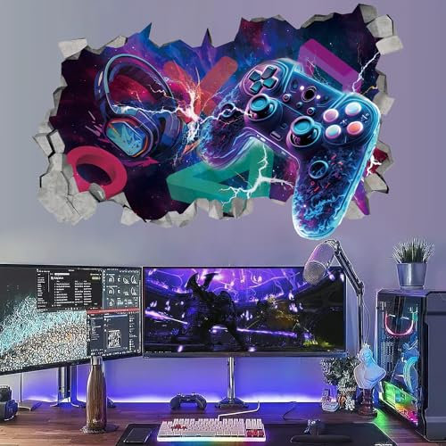 KAIRNE 3D Wandtattoo Gamer,Wandtattoo Kinderzimmer Jungen,Bunte Gamer Poster,Gaming Wandbild für Schlafzimmer,Wandtattoo Junge Teenager,Videospiel Wandstikcer für Jugendzimmer Deko Geschenk