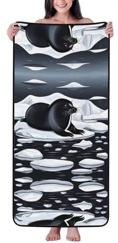 PanaRL Robben auf Eismuster, Strandtuch, Badetücher aus Korallenvlies, saugfähiges Handtuch, weiche Stranddecke, 69 x 140 cm