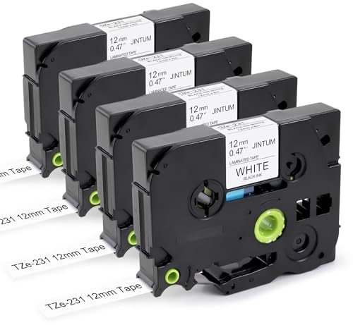 JINTUM 4X TZe-231 Kompatibel mit Brother P-Touch Label Maker Bänder 12mm 0.47 Schwarz auf Weiß, TZ Tape 12mm 0.47 für Brother H100 PT-H100LB PT-H100R PT-H105 PT-H107B PT-D210 PT-D400 PT-D410