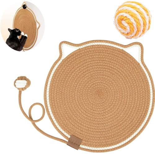 42 cm Tapis Griffoir Chat Grattoir Gratoir avec Jouet de Balle de Chat,Coussin à gratter pour en Corde de Coton, Tapis à gratter en Forme d'oreille de 1 Balle de sisal-Marron