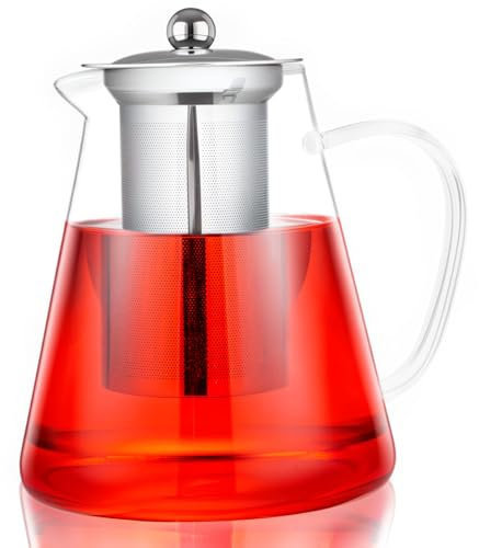 Spring Chef Removable Infuser Tea Pot Handmade, Heat-Resistant Borosilicate Glass Strainer Teapot, 1400ML/49.27OZ Round Glass Teapot with Infuser,