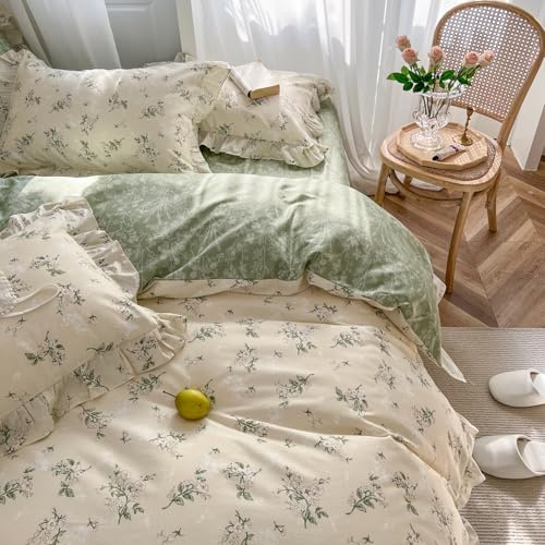 mixinni Reversible Sage Green Floral Duvet Cover Set Queen Size - 100% Cotton Cute Botanical Patterns Bedding Set with Ruffle Lace, 3PCs Beige Soft Aesthetic Cottagecore Style Duvet Cover for Girls