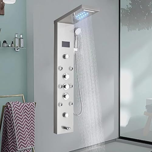 Colonne de douche hydromassante, colonne de douche en acier inoxydable avec 8 jets de massage de la température, système de douche murale brossée