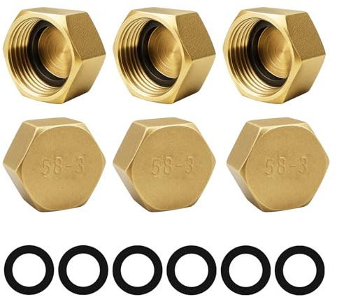 Blindstopfen 3/4 Zoll, 6 Stück Messing Kappe G3/4 Innengewinde (Ø24mm), Verschlusskappe 3/4 Zoll mit Gummidichtungen, Messingkappe Sechskant, Schlauchkappen Gewindekappe für Garten Wasserleitung
