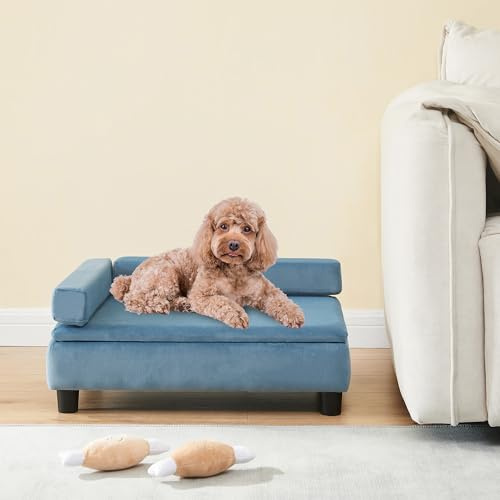 [en.casa] Hundebett Salkonssad Katzenbett mit Staufach Haustierbett 60 x 45 x 24 cm für Hunde und Katzen Kleiner bis mittlerer Größe Hundesofa Katzensofa mit 4 Füßen Samt Blau