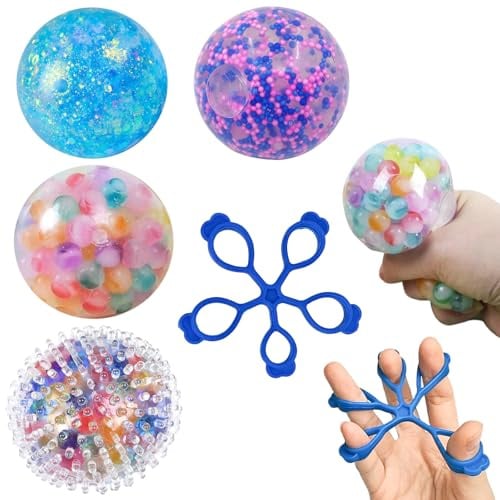 4 Stück Stressball für Erwachsene, mit 1 Stück Handtrainer Fingertrainer Hand, Hand Übungsbälle, Hand Therapie Bälle für Entspannung, Angst, Fidget, Spannung und Stress