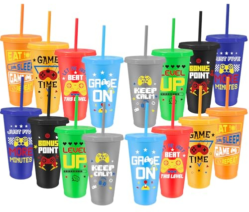 OGMBI 16 Pcs Video Game Plastic Cups with Lids and Straws, 24 oz Reusable Gamer Party Tumbler Bulk for Adult Kid, Iced Coffee Cup Travel Mug for Gaming Birthday Party Favor (Colorful)