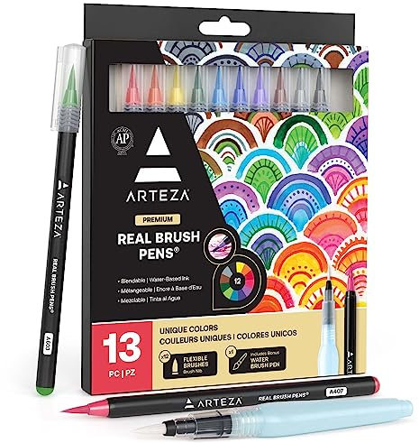 ARTEZA Real Brush Pens, 12 Nontoxic Paint Markers with Flexible Brush Tips, Professional Watercolour Pens for Painting, Drawing, Colouring & More, Multiple Colours
