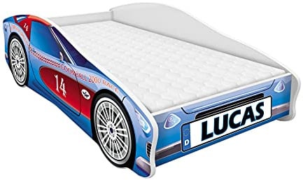 ACMA Autobett 140x70 cm mit Matratze und Lattenrost - Kinderbett Auto personalisiert mit Name, Modell 2, stabiles Jugendbett für Kinderzimmer, belastbar bis 120 kg