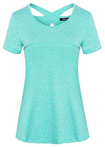 Sykooria Funktionsshirt Damen Kurzarm Sport T-Shirt Rundhals Laufshirt Sommer Leichte Atmungsaktiv Sportshirt Fitness Gym Trainingshirt Yoga Tops, Grün XL
