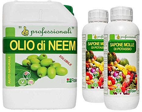 FITOKEM - Kit Olio di Neem Biologico Idrosolubile + Sapone Molle Potassico per Piante (5+2 Lt) Olio di Neem Piante Repellente Naturale con Sapone Molle di Potassio Insetticida, Difendi le Piante