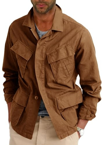 Runcati Mens Lightweight Safari Jacket Button Up Cotton Outdoor Military Cargo Long Sleeve Outwear