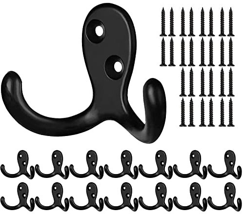 BIGLUFU 14 Stück Kleiderhaken Schwarz, Garderobenhaken Vintage, Doppelt Wandhaken Metall Haken mit 28 Stück Schrauben, für Mäntel, Handtücher, Rucksack, Hut