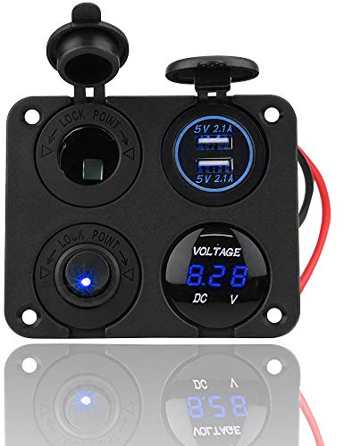4 Gang 12V/24V Pannello Interruttori a Bilanciere On/Off Con Doppia Presa per slot USB,Accendisigari,Voltmetro per auto, camper, roulotte, rimorchi, autobus, barche, yacht, marine (Luce blu)