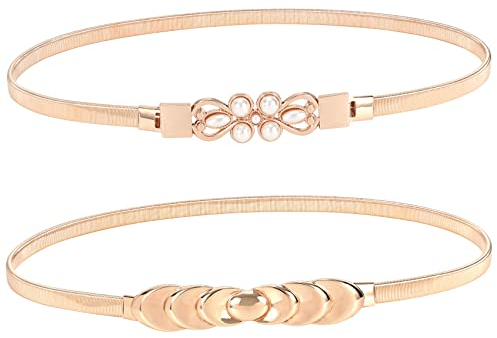 JasGood 2 Stücke Damen Skinny Metallgürtel Modische Elastische Taillengürtel Gold Silber Bund Gürtel Hüftgurt, Gold/Gold, 74cm