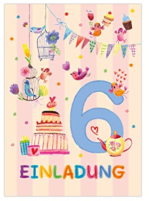 Junapack 12 Einladungskarten zum 6. Kindergeburtstag Einladung zum sechsten Geburtstag Mädchen Vögelchen