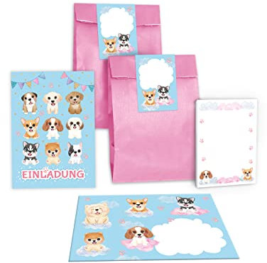 Junapack 12 Einladungskarten zum Kindergeburtstag Mädchen Hunde incl. 12 Umschläge, 12 Tüten/rosa, 12 Aufkleber, 12 Blöcke