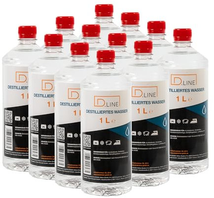 D.LINE Destilliertes Wasser 12x 1 Liter, Entmineralisiert nach Vorschrift VDE 0510 und DIN 43530