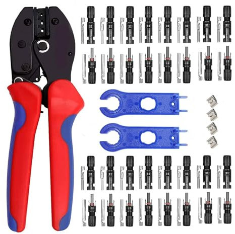 QeeHeng Kit Pinza Piegatrice Strumento Crimpatura AWG 26-10 per Cavo PV a Pannello Solare, 1 pz Crimpatrice Solare, 16 Paia Solari Cavo Connettori Impermeabil, 2 pz di chiavi per connettori solari