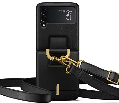COQUE Custodia per Galaxy Z Flip 4 5G, Custodia protettiva per tracolla fatta a mano con anello in metallo sottile, Cover pieghevole per telefono per Samsung Galaxy Z Flip 4 5G-Nero