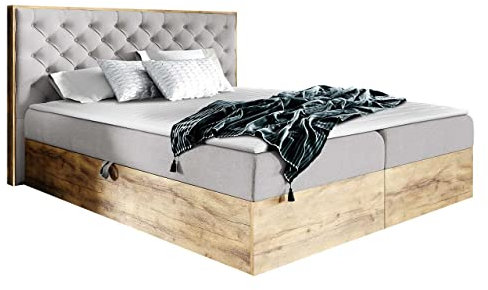 Mirjan24 Boxspringbett Worik III, Polsterbett mit 2 Bettkästen + Springaufbeschlag, Bett mit Polsterkopfteil, Doppelbett mit Topper und Matratze, Bettgestell (Eiche Wotan + Faro 16, 180 x 200 cm)