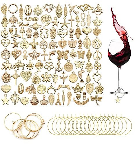 100 pieces drinks markers, cups, drink markers, wine glass charms, glass marking with 50 pieces buckle end for wine cocktail champagne tasting party favours decoration supplies gold, Metal
