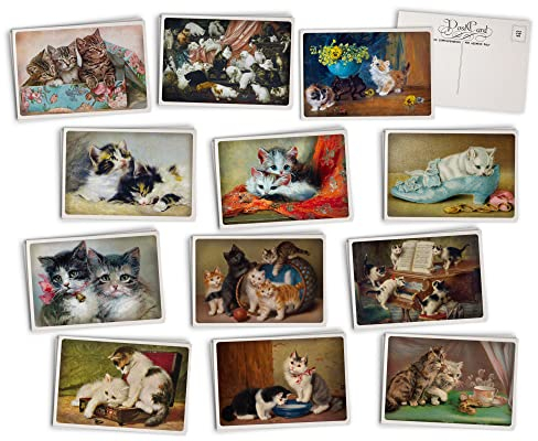 The Collab Lab Antike Katzen-Postkarten, 24 Vintage-Postkarten, 12 sortierte Kätzchen-Retro-Buch-Illustrationskarten, gedruckt auf strukturiertem Vintage-Karton