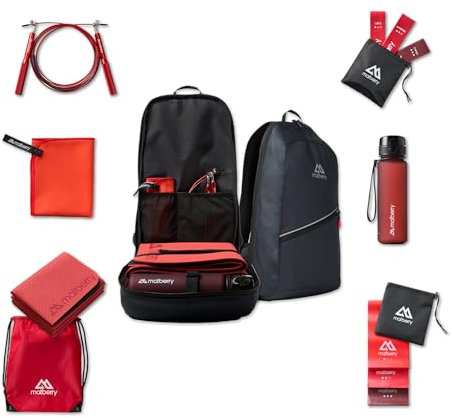 MATBERRY Power Pack – ALL IN ONE Laufrucksack (11 Teilig) mit Fitness Zubehör, inkl. Faltbarer Yogamatte, Trinkflasche, Springseil, 3xThera-, 3xLOOP-Bändern + Handtuch - rot