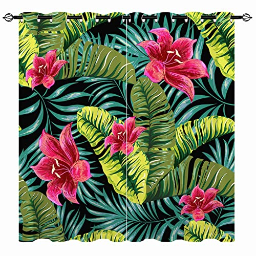YUANZU Tropische Vorhänge Palme Blumen Blätter Ösen Gardinen mit Blickdichte Thermo Vorhang Kälteschutz Blackout Curtain Wohnzimmer Schlafzimmer Verdunkelung Fenster, 2 Stück, H 220 x B 140 cm