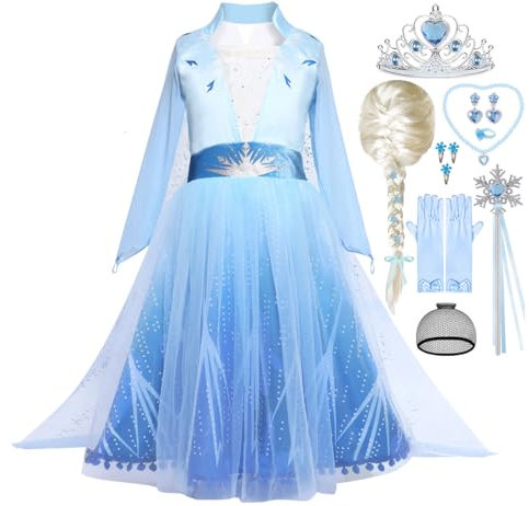 Snyemio Vestito da Principessa Elsa Bambina con Parrucca Accessori Costume Ragazze da Regina delle Nevi per Carnevale Compleanno Halloween Natale, 5-6 Anni