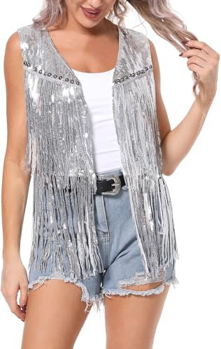 FEOYA Karneval Weste Damen Glitzer Frauen Funkelnde Pailletten Jacke Cardigans Cowgirl Party s
