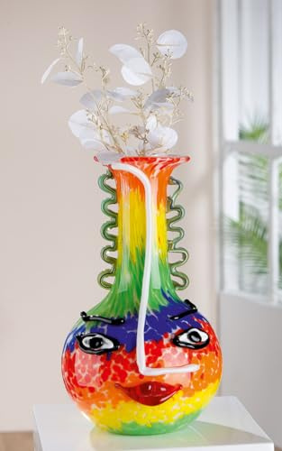 GILDE GLAS art Deko Vase Gesichtsvase - Vase aus Farbglas - Dekoration Wohnzimmer Geschenk für Frauen Männer Höhe 34 cm Mehrfarbig