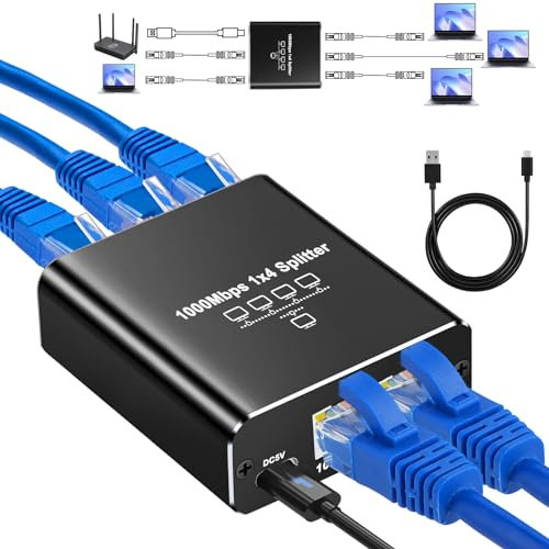 Ethernet Splitter,Gigabit Network Switch Network Splitter,RJ45 LAN Internet Splitter with Usb-C Power Cable For ADSL, Set-Top Box, Digital TV (Ethernet Splitter 1 to 4)