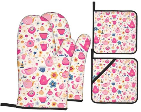 YYHWHJDE Lot de 4 maniques et maniques pour impression théière rose : épais et durable, anti-brûlure et isolant thermique