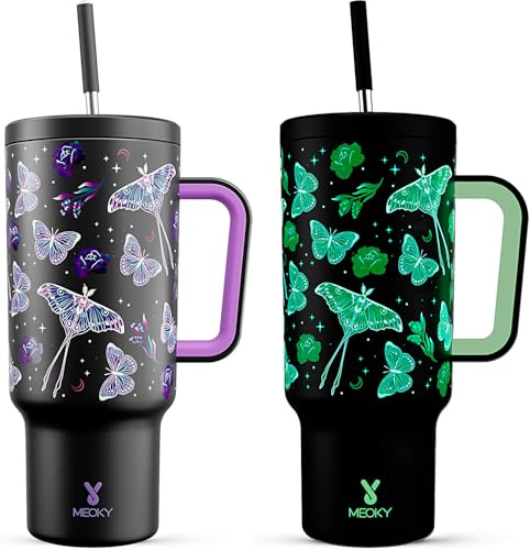Meoky 1182ml Tumbler with Straw and Lid, 40oz Tumbler with Handle, Insulated Stainless Steel Travel Mug Water Bottle, 100% Leak-Proof, Cold for 34 Hours or Hot for 10 Hours (Butterfly)