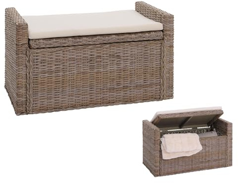 Mendler Sitzbank M92 Garderobenbank Bank Sitzhocker, mit Stauraum Kissen Kubu Rattan 88cm - grau-braun