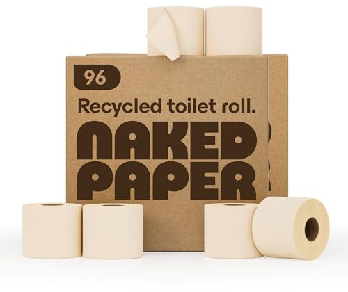 Naked Paper Unbleached Recycled Toilet Roll - 96 Rolls, Sustainable Bulk Toilet Paper, Super Soft & Strong, 320 Sheets Per Roll, Plastic-Free & Sensitive Skin Safe