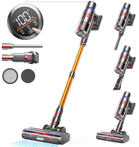 Cordless Vacuum Cleaner 45Kpa/550W/60Min, Smart LED Touch Screen, 7-Layer Filtration, Powerful Anti-Tangle Brush for Hardwood/Carpet/Pet Hair