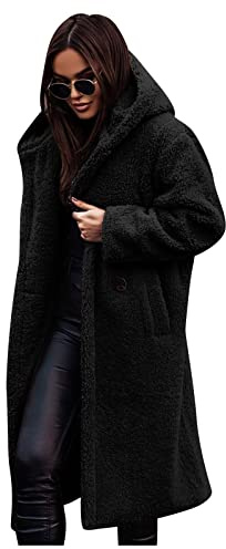 Ansenesna Teddyjacke Damen Lang Mit Kapuze Winterjacke Damen Teddyfleece Warm Gefüttert Lange Wintermantel Frauen Elegant Flauschig Teddy Fleecejacke Winter Teddyfutter Plüsch Damen-Jacken